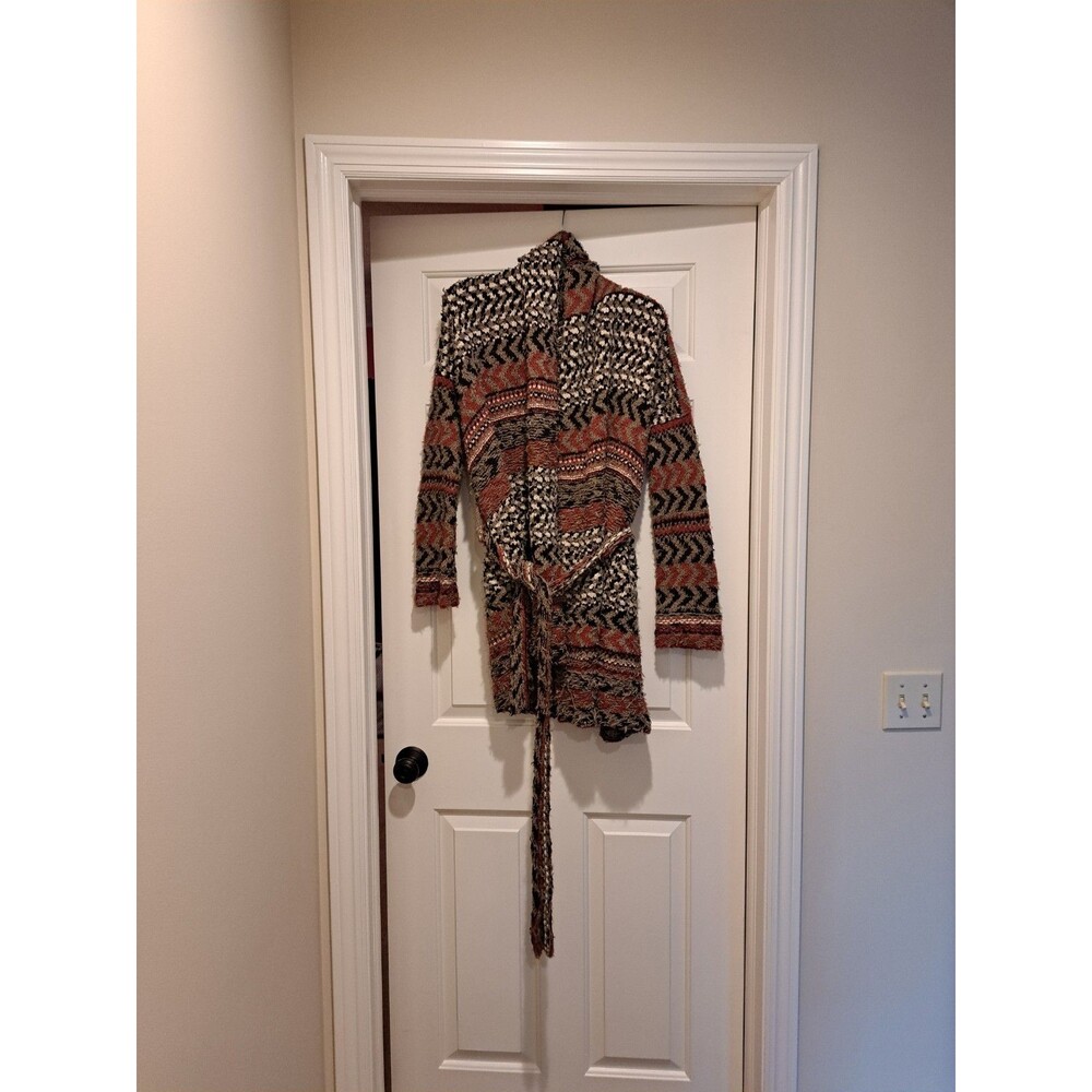 Free People Lona Cardigan Black/Grey/Red Shaggy Knit Duster Sweater w Sash XS